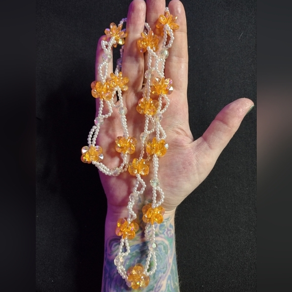 Orange and White Floral Beaded Necklace - Picture 1 of 7